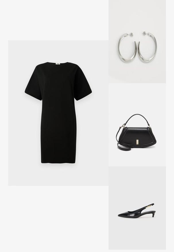 Black dress featuring a loose fit, short sleeves, and a straight cut. Made of soft, smooth fabric with a round neckline.; Black leather slingback heels with a pointed toe, featuring a slim heel and a gold-tone accent on the adjustable strap. Smooth texture.; Black leather handbag with a structured design, featuring a cropped shape, top handle, and gold hardware accent. Adjustable shoulder strap included.; Silver hoop earrings with a smooth, curved design. Features a shiny metallic finish and stud closure. No visible patterns or accents.