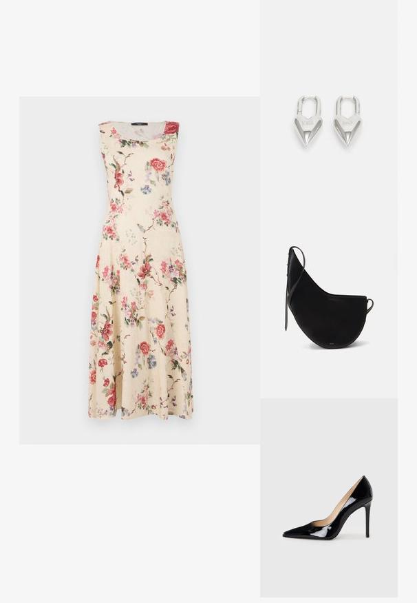 Krém színű, ujjatlan virágmintás ruha, rózsaszín és piros virágokkal, zöld lombbal. A vonalú fazon, térd alatt végződik.; Fekete lakkbőr magas sarkú pumpa hegyes orral és elegáns sziluettel. Simább, fényes felülettel és karcsú tűsarokkal rendelkezik.; Fekete bőrtáska, ívelt holdformával, vékony pánttal és diszkrét arany logóval az elején. Simára kidolgozott felület minimális fémalkatrészekkel.; Ezüst szív alakú lakatok, amelyeken vésett "IGEN" és "NEM" feliratok találhatók, polírozott felület, szimmetrikus kialakítás és robusztus fémcsat.