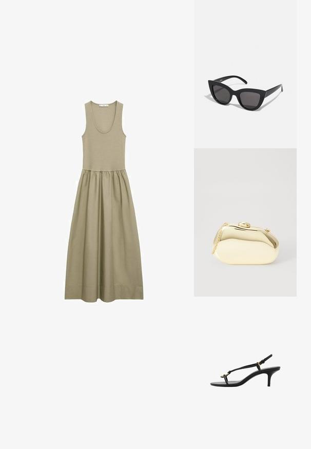 Ærmeløs maxikjole i olivengrøn lavet af blødt stof, med en tætsiddende liv og en draperet nederdel med et let design.; Sort læder kitten hæl sandal med tynde stropper, guldspænde og minimalistisk tå løkke på en hvid baggrund.; Sorte cat-eye solbriller med mat finish, der har grå tonede linser, skarpe vinkler og slanke sidearme. Mærkenavnet er synligt på den indre arm.; Metallic guld clutch med en glat, rund form, udstyret med en topknap-lås og et lille kædehåndtag til bæring.
