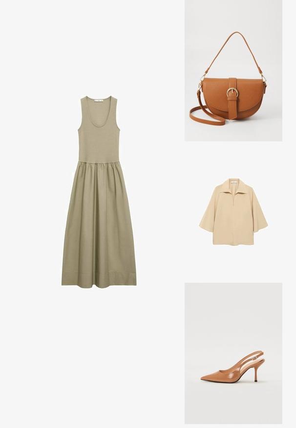 Ærmeløs maxikjole i olivengrøn lavet af blødt stof, med en tætsiddende liv og en draperet nederdel med et let design.; Beige bluse lavet af letvægtsstof, med en bred krave, halv plissé og ærmer til albuen med en løs pasform.; Spids tå slingback hæl i et glat, blankt tan materiale. Har et buet udskæring design og en slank stiletto hæl. Sølv spænde detalje.; Brun læder crossbody taske med en buet form, guldfarvet hardware og en spændeaccent. Har en aftagelig skulderrem.