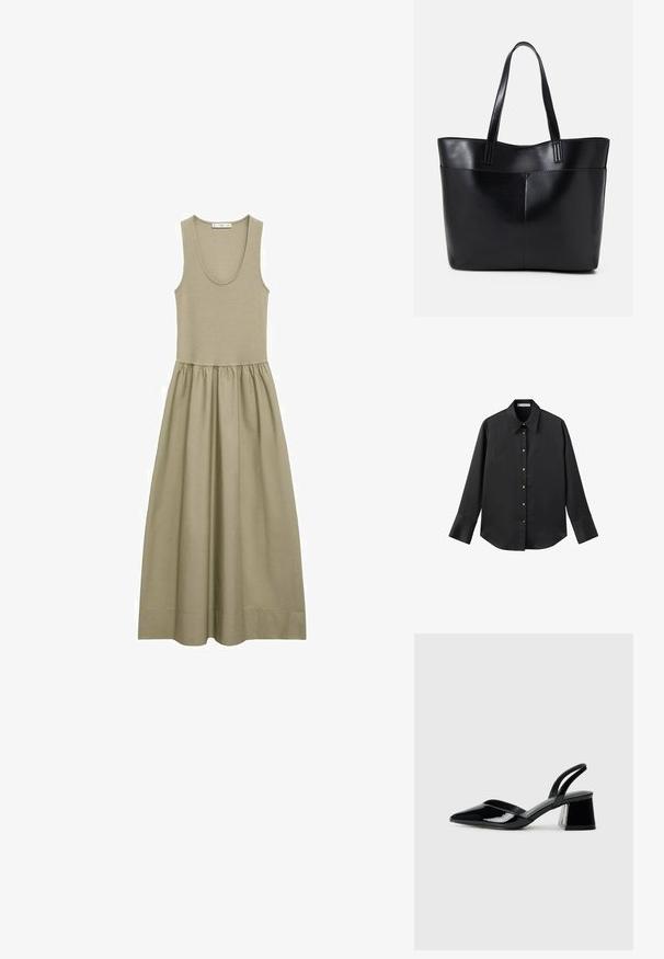 Bezrameni maxi haljina maslinaste boje, izrađena od mekanog materijala, s oblikovanim gornjim dijelom i nabranom suknjom u lepršavom dizajnu.; Crna košulja dugih rukava od glatkog materijala, s klasičnim ovratnikom, prednjim kopčanjem na dugmad u boji zlatne i širokim manžetnama.; Crne lakirane kožne sandale s otvorenom petom i špicastim vrhom, s geometrijskom blok petom. Imaju elegantan, minimalistički dizajn i glatku teksturu.; Crna kožna torba s dugim ručkama, glatkom teksturom i strukturiranim oblikom. Ima prednju džep za dodatno pohranu.