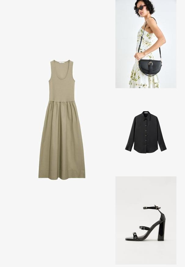 Bezrameni maxi haljina maslinaste boje, izrađena od mekanog materijala, s oblikovanim gornjim dijelom i nabranom suknjom u lepršavom dizajnu.; Crna košulja dugih rukava od glatkog materijala, s klasičnim ovratnikom, prednjim kopčanjem na dugmad u boji zlatne i širokim manžetnama.; Crne lakirane sandale na visoku petu s dva remena s kopčama, kvadratnim vrhom i masivnom blok petom, s glatkom, sjajnom teksturom.; Crna kožna torba s lukovitim oblikom, odvojivim remenom i zlatnim detaljima. Torba ima preklop s kopčom.