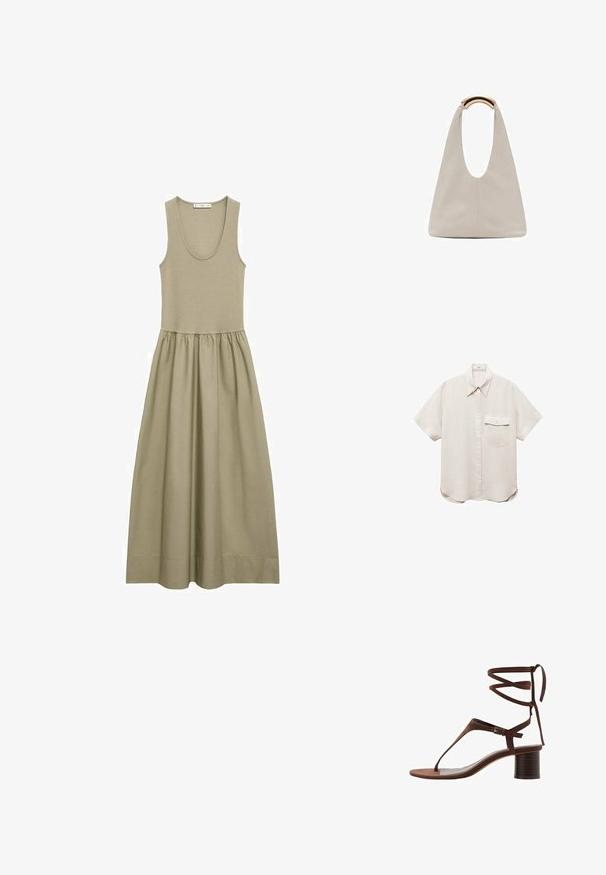 Ärmlös maxi-klänning i olivgrön färg som är gjord av mjukt material, med en åtsittande bodice och en gatherad kjol med en luftig design.; Kortärmad, ljusbeige skjorta med knäppning fram och en enda bröstficka. Tillverkad av ett mjukt, strukturerat tyg.; Brun mockaskinn högklackad sandal med ett triangelformat tåband, ankelremmar och en texturerad klack för stabilitet.; Ljusgrå läderväska med en U-formad design och ett böjt metallhandtag. Slät textur med minimal sömnad och inga synliga mönster.