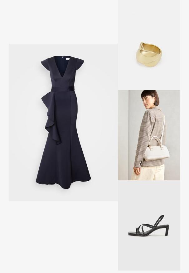 Rochie de seară de culoare bleumarin, cu decolteu adânc în V, mâneci scurte și un accent fluid cu volane pe fustă. Realizată dintr-un material structurat.; Sandal cu barete negre, cu vârf pătrat și toc mic de bloc. Prezintă mai multe barete subțiri și o bareta ajustabilă la gleznă. Fabricat din piele netedă.; Geantă structurată albă, cu mânere scurte și curea de umăr, având accente din metal aurit și material texturat, expusă pe un fundal gri.; Iarba de aur cu un design neted, răsucit. Prezintă o suprafață lustruită și marginile rotunjite, creând o formă fluidă, continuă.