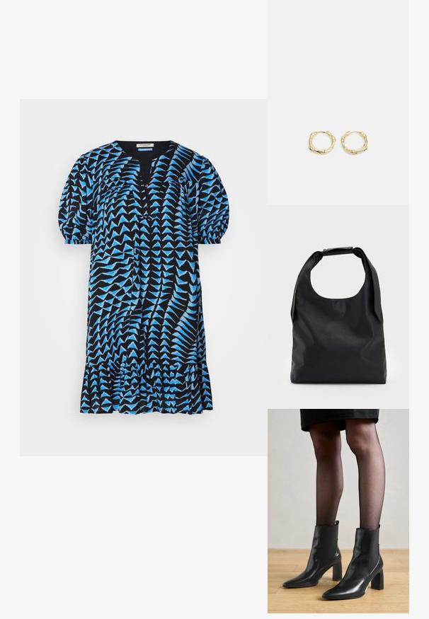 Crna haljina s plavim geometrijskim uzorkom, kratkim napuhanim rukavima, V-izrezom, kopčanjem na dugmad i volanima na rubu. Lagana tkanina, ležeran kroj.; Crne kožne gležnjače s šiljastim vrhom, robusnim četvrtastim potplatom i elegantnim dizajnom. Imaju elastične bočne panele za jednostavno oblačenje.; Crna kožna hobo torba s jednim mekanim, zaobljenim ručkom; karakterizira je glatka tekstura i minimalistički dizajn. Nema vidljivih hardverskih detalja ili akcenata.; Zlatne okrugle naušnice s teksturiranim, nepravilnim oblikom. Imaju nevidljivo zatvaranje i polirani završni sloj, što naglašava moderan dizajn.