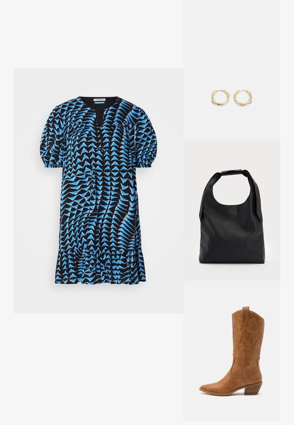 Černé šaty s modrým geometrickým vzorem, krátkými naducanými rukávy, výstřihem do V, knoflíkovou légou a volánkovým lemem. Lehká tkanina, volný střih.; Hnědé kožené kovbojské boty s špičatou špičkou, vyšívanými spirálovými vzory na štítech a s blokovým podpatkem. Obsahují poutko pro snadné obouvání.; Černá kůže hobo taška s jedním měkkým, zaobleným uchopem; má hladkou texturu a minimalistický design. Bez viditelného kovového doplňku nebo akcentů.; Zlaté kruhové náušnice s texturovaným, nepravidelným tvarem. Disponují bezproblémovým uzávěrem a leštěným povrchem, což zdůrazňuje moderní design.