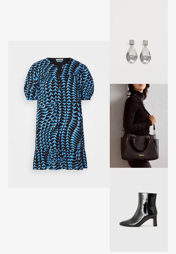 Svart klänning med blå geometrisk mönster, korta puffärmar, V-hals, knappslå och volangkanter. Lätt material, avslappnad passform.; Svart lackläder ankelboot med spetsig tå och en medelhög klack. Slät textur och minimalistisk design.; Svart handväska med texturerad yta, dubbla handtag upptill och justerbar axelrem. Utrustad med detaljer i guld och sidofickor.; Silvriga droppörhängen med en kvadratisk stift, med en slät, polerad yta och en tårform, som reflekterar ljus med en glansig yta.