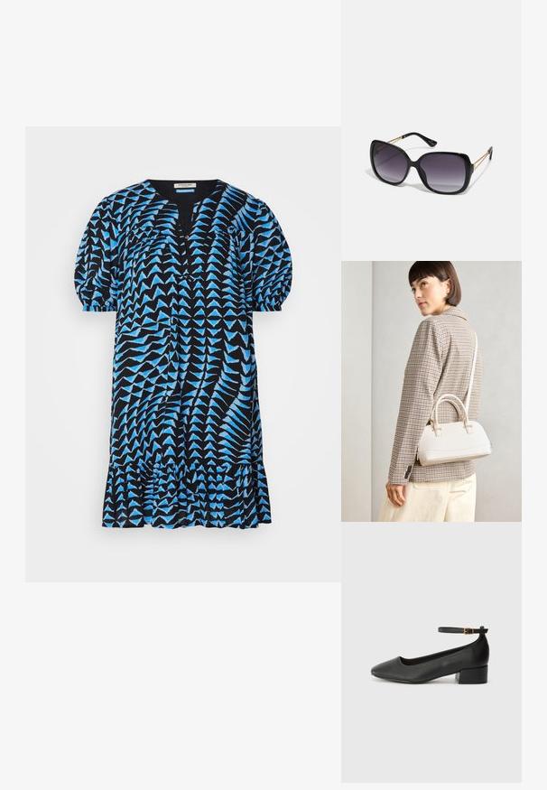 Rochie neagră cu model geometric albastru, mâneci scurte voluminoase, decolteu în V, închidere cu nasturi și tiv ondulat. Material ușor, croi lejer.; Pantof cu toc negru din piele, cu vârf ascuțit și toc mic pătrat. Dispune de o curea la gleznă cu o cataramă în tonuri de aur. Textură netedă.; Ochelari de soare negri, supradimensionați, cu lentile degradate, rame groase și detalii cu lanț de ton auriu pe brațele templului.; Geantă structurată albă, cu mânere scurte și curea de umăr, având accente din metal aurit și material texturat, expusă pe un fundal gri.