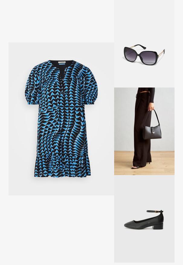 Mustmustane kleit sinise geomeetrilise mustriga, lühikesed puhvärvid, V-kaelus, nööbiplokki ja volangiga äär. Kerge kangas, mugav lõige.; Must mustaapp, millel on terav nina ja madal blokk-kand. Omab pahkluu rihma koos kuldse tooni pandlaga. Sile tekstuur.; Mustad ümarad päikeseglaasid, millel on gradient objektiivid, paksud raamid ja kuldse tooni kettaga kaunistused tempelitel.; Must musta kott, millel on struktureeritud kuju, sile tekstuur ja metallist klamber. Kombineeritud laiate mustade pükstega ja avatud varvaste sandaalidega puidust põrandal.