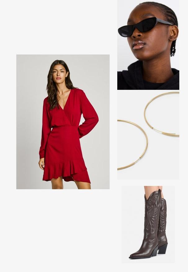 Raudona apsiaustinė su ilgomis rankovėmis, raukšlėtu juosmeniu ir volaniniu kraštu. Textūruotas audinys ir gilus V formos kaklas. Tinka įvairioms progoms.; Rudos odinės kaubojaus batai su smailiu priekiu ir blokuotu kulnu, pasižymintys detaliu siuvinėjimu ir iškiliais akcentais ant ašies.; Juodi katės akies akiniai su matinio paviršiaus apdaila, pasižymintys elegantišku dizainu ir švelniai išlenktais kraštais, derinami su modelio tamsiais drabužiais.; Aukso spalvos žiedo auskarai, ploni ir apvalūs, su lygiu metaliniu paviršiumi be papuošimų ar raštų.