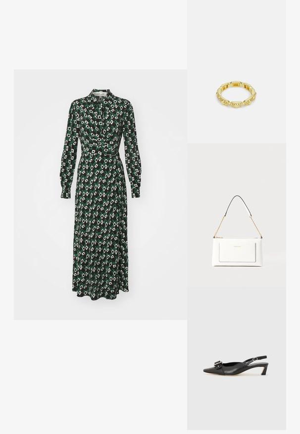 Diane von Furstenberg TORI czarny; Czarne skórzane buty typu slingback z ostrym noskiem, małym obcasem i ozdobnym zapięciem na górze. Gładka faktura, minimalistyczny design.; Biała skórzana torebka o teksturowanym wykończeniu, z złotą łańcuszkową rączką i czarnymi akcentami. Zawiera przednią kieszeń oraz zamek błyskawiczny.; Złocony pierścionek o teksturowanym wzorze, z okrągłymi akcentami i małymi przezroczystymi kamieniami osadzonymi w okrągłym zespole.