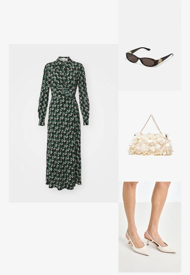 Diane von Furstenberg TORI DRESS - Marškininė suknelė - black; Šviesiai pilkos, lakuotos odos slingback aukštakulniai su smailiu noseliu ir 5 cm kulnu, su išpjovomis šonuose ir plona kulkšnies juostele.; Tortoise kiaurinių saulės akinių su pailgomis ovalo formos lęšiais, rudos spalvos atspalviu, auksinėmis logotipo detalėmis ant šakelių ir elegantiškais juodais rankenėlėmis.; Balta gėlių rankinė su susiraukšlėjusia audinio paviršiumi, auksinės spalvos grandinėlės dirželiu ir metaliniu uždarymu. Papuošta tekstūruotomis žiedlapėmis, pridėjančiomis detalių.