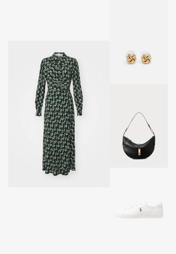 Diane von Furstenberg TORI DRESS - Paitamekko - black; Valkoiset nahkakengät, matala malli, jossa on sileä pinta, pyöreä kärki, nauhakiinnitys edessä ja pieni brodeerattu logo sivulla.; Musta nahkalaukku puolikuun muotoisena. Varustettu kultaisilla yksityiskohdilla ja kapealla hihnalla. Tasainen pinta, vetoketjukiinnitys ylhäällä.; Kultaketjut korvakorut, joissa on kierretystä muotoilusta valmistettu solmu. Jokaisessa korvassa on pyöreä, kirkas tausta varman käyttömukavuuden takaamiseksi.