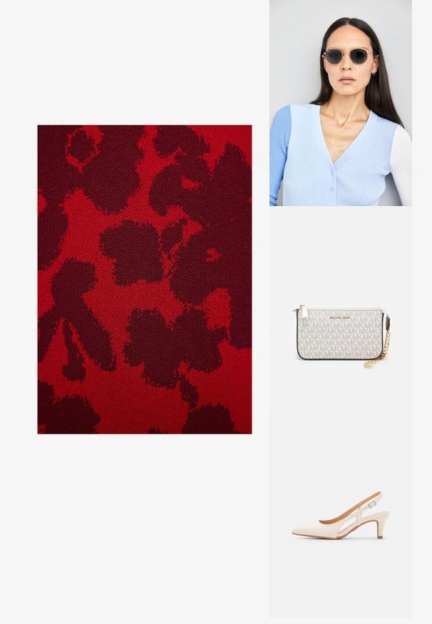 adL Etui-jurk - claret red; Witte slingback hak met een spitse neus, glad bovenmateriaal, lage blokhak en een design met uitsparingen aan de zijkant, voorzien van een verstelbare gespsluiting.; Ronde zonnebrillen met donkere glazen en gouden montuur. Het model draagt een lichtblauwe, geribbelde cardigan met knopen en contrasterende witte mouwen.; Michael Kors polsbandje in beige gecoate canvas met een herhaald MK-logo patroon, gouden hardware en een afneembare kettingriem.