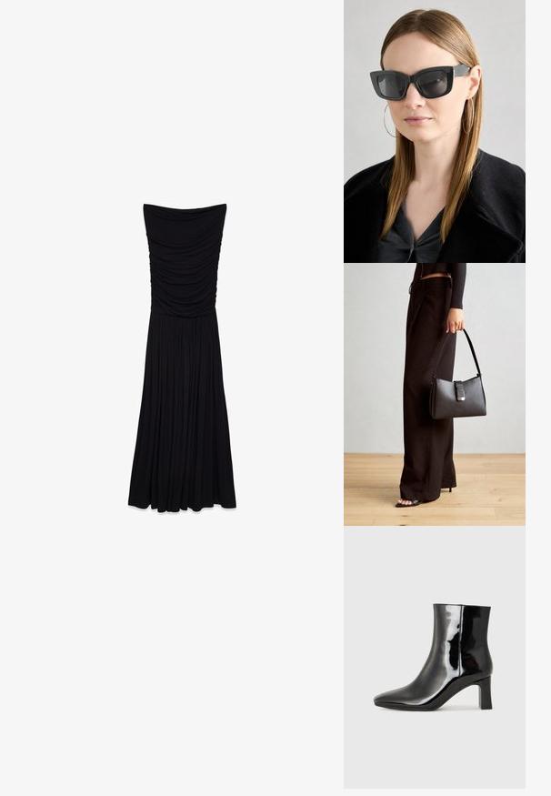 Schwarzes, trägerloses Maxikleid mit geraffter Textur im Oberteil und einem fließenden, plissierten Rock. Hergestellt aus einem glatten, dehnbarem Stoff.; Schwarzer Lackleder-Stiefelette mit spitzer Zehe und einem mittelhohen Blockabsatz. Glatte Textur und minimalistisches Design.; Schwarze Katzenaugen-Sonnenbrille mit dunklen Gläsern, dicken Rahmen und subtilen Akzenten. Getragen mit einem schwarzen Mantel und einem grauen Oberteil, dazu lange, glatte Haare.; Schwarze Handtasche mit strukturierter Form, glatter Textur und einem metallischen Verschluss. Kombiniert mit weiten schwarzen Hosen und offenen Sandalen auf einem Holzboden.