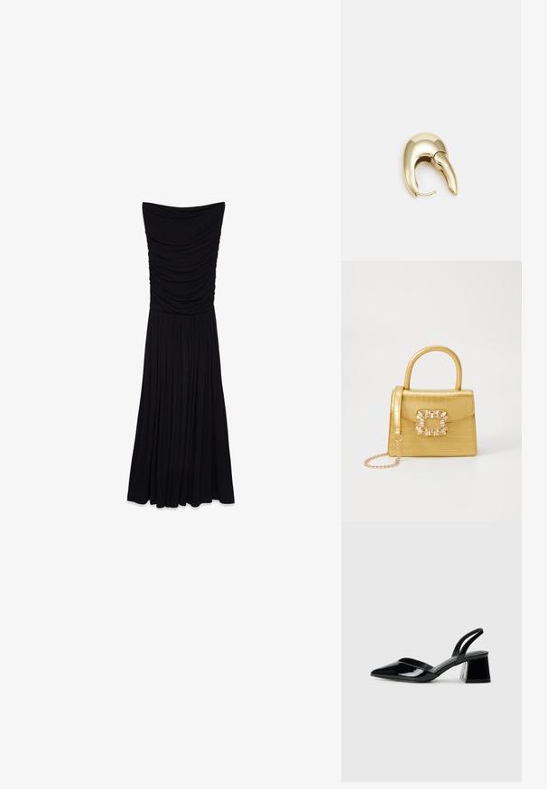 Čierne, bezramienkové maxi šaty so zúženou textúrou na tele a prúdenou, skladanou sukňou. Vyrobené z hladkej, elastickej látky.; Čierne lakované kožené sandálové podpätky s špicatou špičkou a geometrickým blokovým podpätkom. Disponujú elegantným, minimalistickým dizajnom a hladkým povrchom.; Žltá falošná krokodília kabelka so štruktúrovaným dizajnom, horným držadlom, odnímateľným reťazovým popruhom a dekoratívnym kryštálovým ozdobením na zapínaní.; Náušnice z kovu v zlatej farbe s elegantným, zakriveným dizajnom. Majú charakteristický špicatý tvar, leštený povrch a uzáver na pánt.