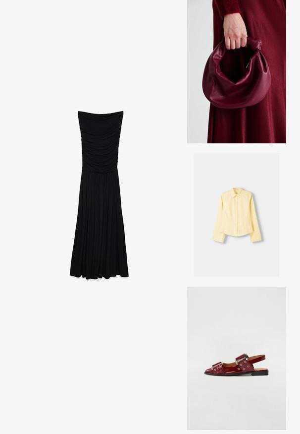 Abito lungo nero senza spalline con texture arricciata sul corpetto e una gonna fluida e plissettata. Realizzato in un tessuto morbido e elasticizzato.; Camicia a righe gialle con maniche lunghe, colletto a punta e chiusura frontale con bottoni. Presenta righe verticali blu e una vestibilità sartoriale.; Scarpe slingback in pelle verniciata bordeaux con punta appuntita, caratterizzate da due cinturini regolabili con fibbie e dettagli in metallo argentato.; Borsa in pelle bordeaux con un design morbido e arricciato e una forma arrotondata. Il manico è fissato, mostrando una texture liscia.