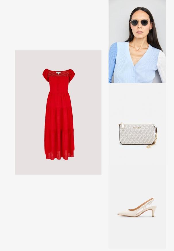 Apricot SELF CHECK MIDI - Freizeitkleid - red; Weiße Slingback-Absätze mit spitzer Zehenpartie, glattem Obermaterial, niedrigem Blockabsatz und seitlichem Ausschnitt-Design mit verstellbarem Schnallenriemen.; Runde Sonnenbrillen mit dunklen Gläsern und goldenen Rahmen. Das Modell trägt eine hellblaue, gerippte Strickjacke mit Knöpfen und weißen Kontrastärmeln.; Michael Kors Clutch in beige beschichtetem Canvas mit einem wiederholten MK-Logo-Muster, goldfarbener hardware und einem abnehmbaren Kettenriemen.