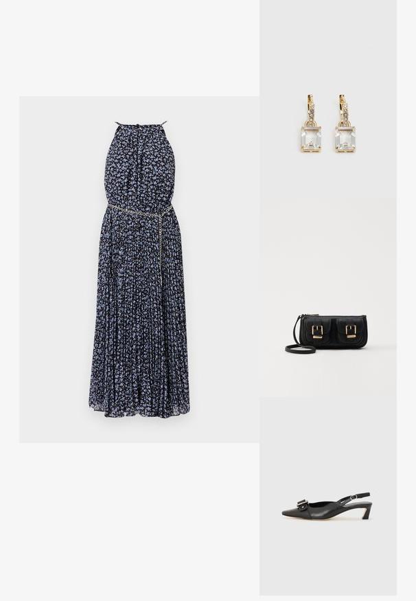 Fekete anyagú maxi ruha kék virágmintával, plissett kialakítással, nyakpánttal és fém lánc kiemeléssel a deréknál.; Fekete bőr szandál kis sarkú, hegyes orral, díszes csattal a felsőrészen. Simább textúra, minimalista design.; Fekete bőr keresztbody táska két elülső zsebbel, arany csattokkal, cipzáras záródással és vékony pánttal. Textúrált felület és kompakt téglalap alak.; Aranyszínű fülbevalók, melyek egy téglalap alakú, tiszta kristállyal díszítették, ami egy sor kis, kerek, tiszta kiegészítő alatt lóg. Letisztult, modern dizájn.