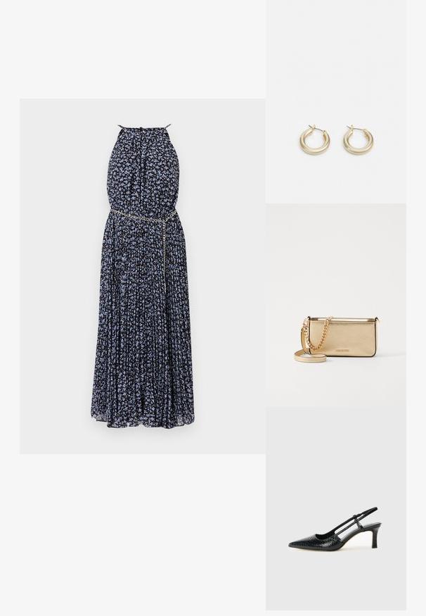 Vestido maxi em tecido preto com padrão floral azul, design pregueado, decote halter e um detalhe em corrente metálica na cintura.; Salto slingback em patente preta com bico apontado, apresentando um padrão de pele de cobra texturizado, tira ajustável e um salto bloco curto e texturizado.; Clutch de couro dourado metálico com um acabamento texturizado, apresentando uma alça de corrente dourada e uma alça de ombro removível. Logotipo da marca em relevo.; Lauren Ralph Lauren BASIC SMALL HOOP - Brincos - gold-coloured