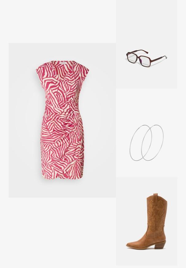 Roze en crèmekleurige zebra print jurk met een wikkelontwerp, korte mouwen en gatherdetails aan de zijkant. Gemaakt van lichtgewicht fabric.; Tan leren cowboylaars met puntige neus, geborduurde spiraalpatronen op de schacht en een gestapelde blokhak. Voorzien van een trekband voor gemakkelijke aan- en uittrekken.; Bruine, rechthoekige bril met transparante glazen en paarse tinten. Glad kunststof montuur met rechte pootjes en subtiele accenten.; Zilveren hoepel oorbellen met een minimalistisch ontwerp. Cirkelvormig, gladde textuur en dun profiel. Lichtgewicht met een gepolijste afwerking.