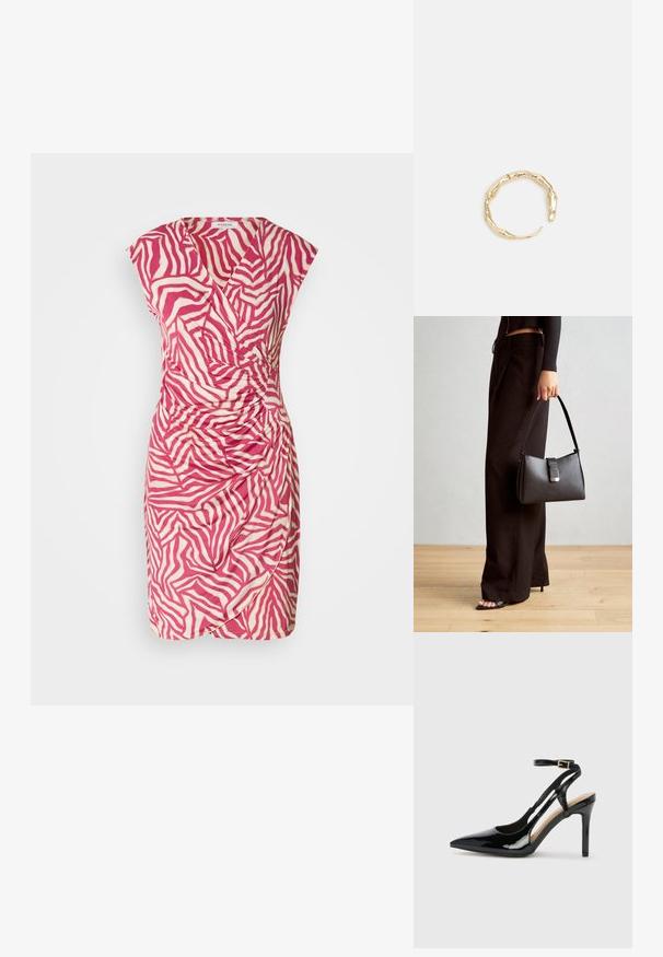 Rosa og creme zebraprint kjole med indpakningsdesign, korte ærmer og samlet detalje på siden. Lavet af letvægtigt stof.; Sorte laklæder højhælede slingback-sko med spids tå, justerbar ankelrem og åben sider. Glat tekstur.; Sort håndtaske med struktureret form, glat overflade og metalspænde. Sammen med brede sorte bukser og sandaler med åben tå på trægulv.; Guld-tone ring med et organisk, snoet design, glat overflade og affasede ender, hvilket skaber et moderne, skulpturelt udseende.