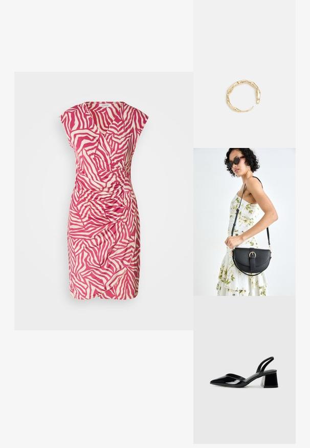 Rosa og creme zebraprint kjole med indpakningsdesign, korte ærmer og samlet detalje på siden. Lavet af letvægtigt stof.; Sorte patentlæder slingback hæle med spids tå og en geometrisk blok hæl. Har et elegant, minimalistisk design og en glat tekstur.; Sort læderhåndtaske med en buet form, aftagelig rem og guldfinish. Tasken har en klap med en spænde detalje.; Guld-tone ring med et organisk, snoet design, glat overflade og affasede ender, hvilket skaber et moderne, skulpturelt udseende.
