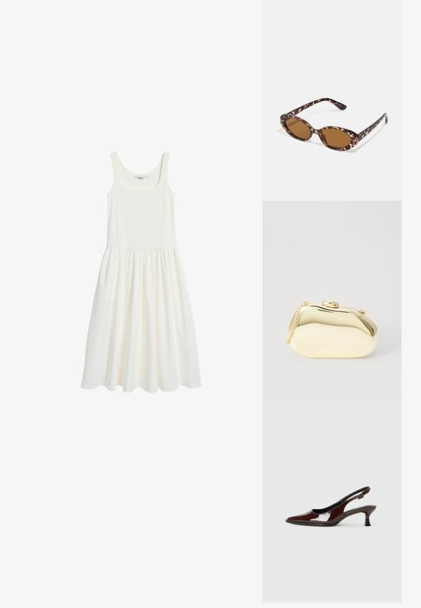 Hvid ærmeløs kjole lavet af blødt, letvægtigt stof. Har en firkantet halsudskæring og plisseret nederdel, der giver en afslappet pasform.; Brun patenteret læder slingback sko med spids tå og en moderat hæl. Har en spænde rem for en sikker pasform. Glat tekstur.; Skildpaddemønstrede solbriller med ovale linser, brunt farvetone, tynde stænger med et struktureret mønster, letvægts plastisk ramme.; Metallic guld clutch med en glat, rund form, udstyret med en topknap-lås og et lille kædehåndtag til bæring.