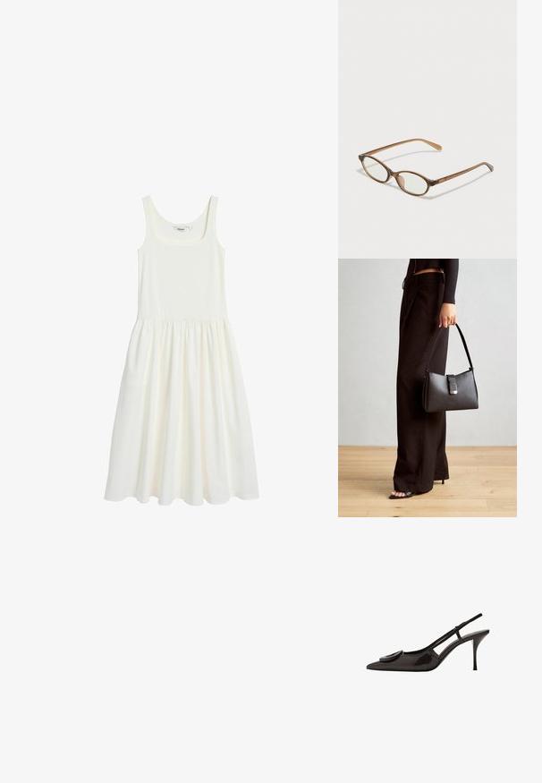 Weißes ärmelloses Kleid aus weichem, leichtem Stoff. Es hat einen quadratischen Ausschnitt und einen gefältelten Rock, der eine lockere Passform bietet.; Schwarzer Lackleder-Slingback-Schuh mit spitzem Zehenbereich, minimalistischem Design, kleinem kreisförmigem Akzent auf dem Schuhoberteil und schlankem Absatz.; Braune Schildpatt-Brille mit ovalen Gläsern, dünnen Bügeln und transparenten Akzenten. Verfügt über ein dezentes Logo am Bügel. Elegantes, leichtes Design.; Schwarze Handtasche mit strukturierter Form, glatter Textur und einem metallischen Verschluss. Kombiniert mit weiten schwarzen Hosen und offenen Sandalen auf einem Holzboden.