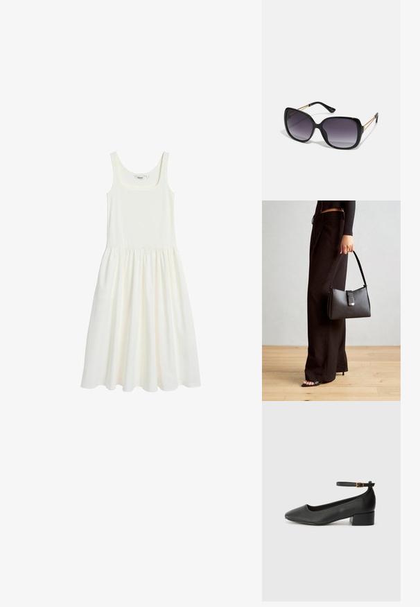 Witte mouwloze jurk van zachte, lichte stof. Heeft een vierkante halslijn en een geplooide rok, wat zorgt voor een comfortabele pasvorm.; Zwarte leren pump met een spitse neus en een lage blokhak. Beschikt over een enkelband met een goudkleurige gespsluiting. Gladde textuur.; Zwarte oversized zonnebril met gradient glazen, dikke montuur en gouden kettingdetails op de pootjes.; Zwarte handtas met gestructureerde vorm, gladde textuur en een metalen sluiting. Gecombineerd met brede zwarte broeken en sandalen met open teen op een houten vloer.