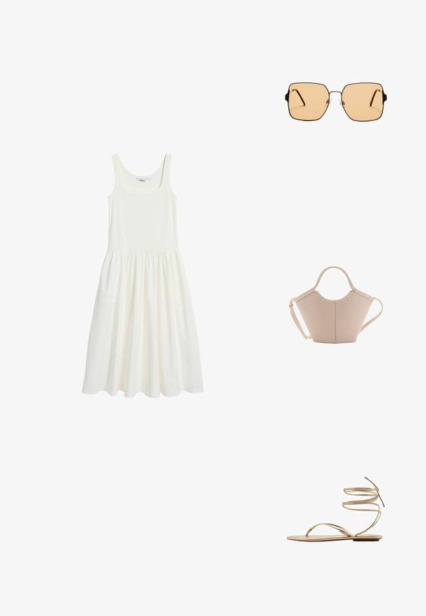 Valkoinen hihaton mekko, joka on valmistettu pehmeästä ja kevyestä kankaasta. Ominaisuuksiin kuuluu neliömäinen pääntie ja laskostettu hame, joka tarjoaa rennon istuvuuden.; Kultaiset tasapohjaiset sandaalit ohuilla, kierteisillä nilkkaviilloilla, avonaisella varpaalla ja minimalistisella pohjalla. Varustettu sileällä, metallinhohtoisella pinnalla.; Neliömäiset aurinkolasit ruskeilla linsseillä ja ohuella mustalla metallikehyksellä. Varusteena on kulmikkaat tempulit ja säädettävät nenätyynyt mukavuutta varten.; Vaaleanbeige nahkainen käsilaukku, jossa on ainutlaatuinen muoto, varustettuna kahdella lyhyellä kahvalla ja yhdellä pitkällä säädettävällä hihnalla. Sujuva pinta ja vähän metalliosia.