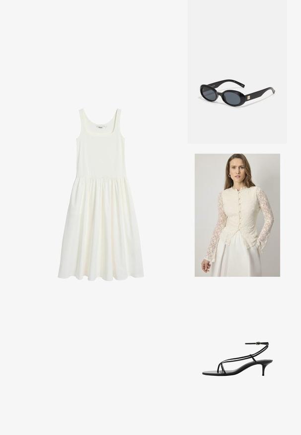 Weißes ärmelloses Kleid aus weichem, leichtem Stoff. Es hat einen quadratischen Ausschnitt und einen gefältelten Rock, der eine lockere Passform bietet.; Cremefarbenes Spitze-Bluse mit langen, durchsichtigen Spitzenärmeln, runder Halsauschnitt und Knopfdetails an der Vorderseite. Ausgestellte Silhouette.; Schwarze High Heels Sandalen mit schlanken Riemen, minimalistisches Design, spitze Zehenpartie und kleinem Stiletto-Absatz. Glatte Ledertextur.; Schwarze ovale Sonnenbrillen mit dunklen Gläsern, glänzendem Kunststoffrahmen, breiten Bügeln und einem kleinen goldenen Akzent auf einer Seite.