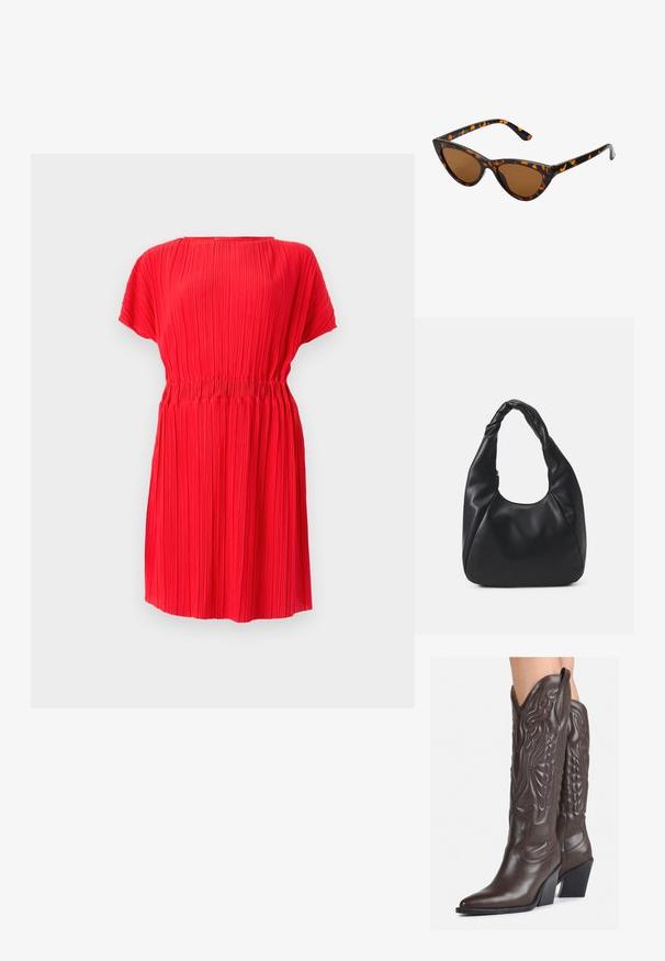 Rdeča nabirka obleka s kratkimi rokavi in elastičnim pasom, gladka tekstura, do kolen, okrogla izreza in dosledne vertikalne nabirke.; Rjave usnjene kavbojske čevlje z ostrim nosom in blok peto, ki vsebujejo podrobno šivanje in dvignjene dodatke na zgornjem delu.; Mačje oči sončna očala z okvirom v črno-oranžni želvej ohišji, rjavimi lečami in elegantnimi, ostrimi konicami. Imajo minimalistični logo na ročaju.; Črna hobo torba iz gladkega materiala, ki spominja na usnje, s prepletenim ročajem, ki ima mehak, zaobljen obliko in zgornje zadrgo.