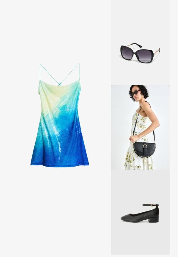 Haljina bez rukava s gradijentom od svijetlozelene do tamnoplave, s detaljima u obliku šljokica i tankim trakicama, koja stvara glatku, teksturiranu površinu.; Crne kožne pumpe s oštrim vrhom i niskom blok petom. Sadrže remen oko gležnja s zlatnim kopčanjem. Glatka tekstura.; Crne prevelike sunčane naočale s gradijentnim lećama, debelim okvirom i zlatnim lancem kao detaljem na krakovima.; Crna kožna torba s lukovitim oblikom, odvojivim remenom i zlatnim detaljima. Torba ima preklop s kopčom.