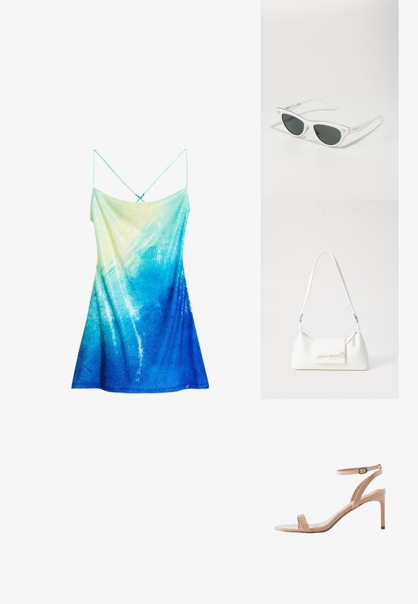 Haljina bez rukava s gradijentom od svijetlozelene do tamnoplave, s detaljima u obliku šljokica i tankim trakicama, koja stvara glatku, teksturiranu površinu.; Next FOREVER COMFORT SIMPLE - Sandale - nude; Bijele mačkaste sunčane naočale s tamnim lećama, zlatnim detaljima na okviru i logom sa strane. Glatki plastični materijal.; Bijela sintetička torbica s trokutastim oblikom, ravnim prednjim poklopcem i detaljem u obliku mašne, podesivom remenom, glatkom teksturom i minimalističkim dizajnom.