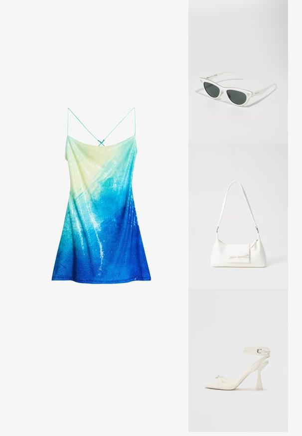 Šaty bez rukávov s gradientom od svetlozeleného po tmavomodrý, so štrasovými ozdobami a tenkými ramienkami, vytvárajúce hladký textúrovaný povrch.; Biele kožené sandále na vysokom podpätku s pásikmi, elegantným dizajnom, priehľadným blokovým podpätkom a dekoratívnym prvkom na špičke.; Biele slnečné okuliare v tvare mačacích očí s tmavými sklami, zlatými akcentmi na ráme a detailmi loga na strane. Hladký plastový materiál.; Biela syntetická kabelka s trojuholníkovým tvarom, plochým predným klapkou a detailom mašle, nastaviteľným popruhom, hladkou textúrou a minimalistickým dizajnom.