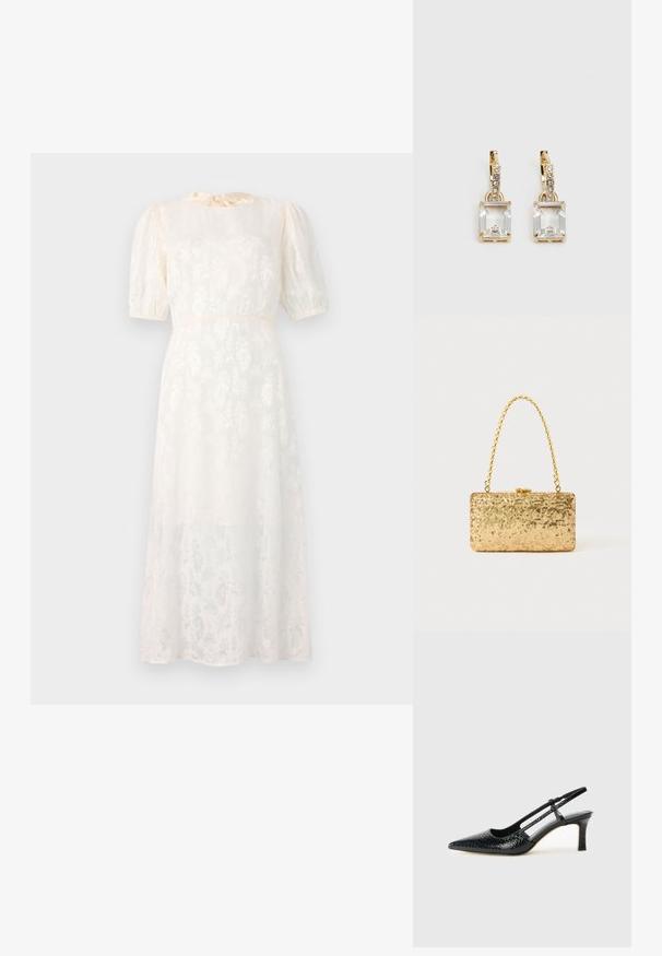 Vestido branco com padrão floral feito de tecido leve, apresentando mangas curtas com volume e um decote amarrado, com uma silhueta fluida até ao joelho.; Salto slingback em patente preta com bico apontado, apresentando um padrão de pele de cobra texturizado, tira ajustável e um salto bloco curto e texturizado.; Clutch dourada em lantejoulas com formato retangular, apresentando uma alça de corrente torcida e um fecho de metal, refletindo a luz com um acabamento texturizado.; Brincos em tom de ouro com um cristal retangular claro pendurado abaixo de uma linha de pequenos acentos redondos claros. Design elegante e moderno.