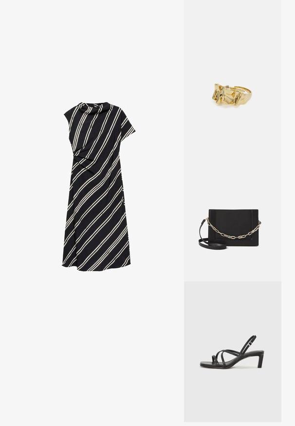 Crna haljina s bijelim dijagonalnim prugama, s drapiranim izrezom i kratkim rukavima, napravljena od meke, teksturirane tkanine.; Crne sandale s trakama, kvadratnim prstom i niskom blok petom. Ima više tankih trakica i podesivu trakicu oko gležnja. Izrađene su od glatke kože.; Crna kožna torba preko tijela s glatkom teksturom, pravokutnim oblikom i metalnim lancem na prednjoj strani. Uključena je podesiva naramenica.; Zlatni prsten s teksturiranim, valovitim dizajnom koji ima tri istaknuta vrha. Glatka, sjajna površina s otvorenom trakom za podešavanje veličine.