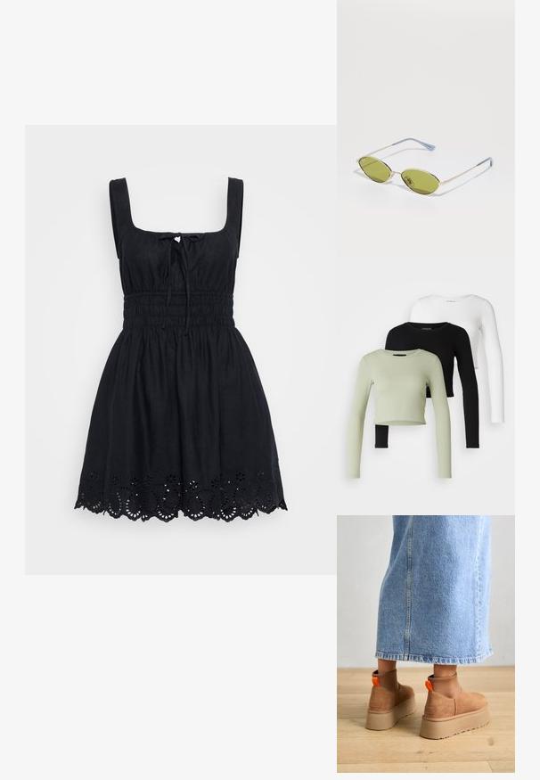 Rochie neagră fără mâneci, cu decolteu pătrat, talie strânsă și margine brodată cu volane. Fabricată dintr-un material ușor, cu o croială lejeră.; Even&Odd Petite 3 PACK - Bluză cu mânecă lungă - black/white/light green; Botine maro din suede cu platformă, cu panouri elastice pe laterale și mânere portocalii, asortate cu o fustă din denim deschis până la genunchi, pe un podea din lemn.; Ochelari de soare verde măsliniu cu o ramă subțire aurie și brațe cu accente albastre. Lentile ovale și design minimalist.