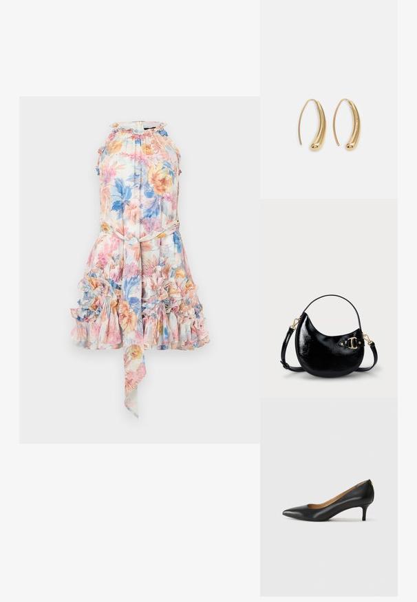 Vestido floral em tecido leve com bainha assimétrica, estampa em tons pastéis de rosa, azul e amarelo, decote halter e cinto de laço na cintura.; Sapato de salto alto em pele preta com bico fino, salto baixo e textura suave. Apresenta uma ligeira abertura na parte da frente e mínima ferragem na parte de trás.; Bolsa de señora em couro verniz preto com forma curva, alça ajustável e detalhes em metal dourado na lateral. Textura suave e brilhante.; Brincos em metal dourado com forma de arco alongado e curvado. Apresentam uma superfície lisa e brilhante, com uma ponta arredondada para um detalhe adicional.