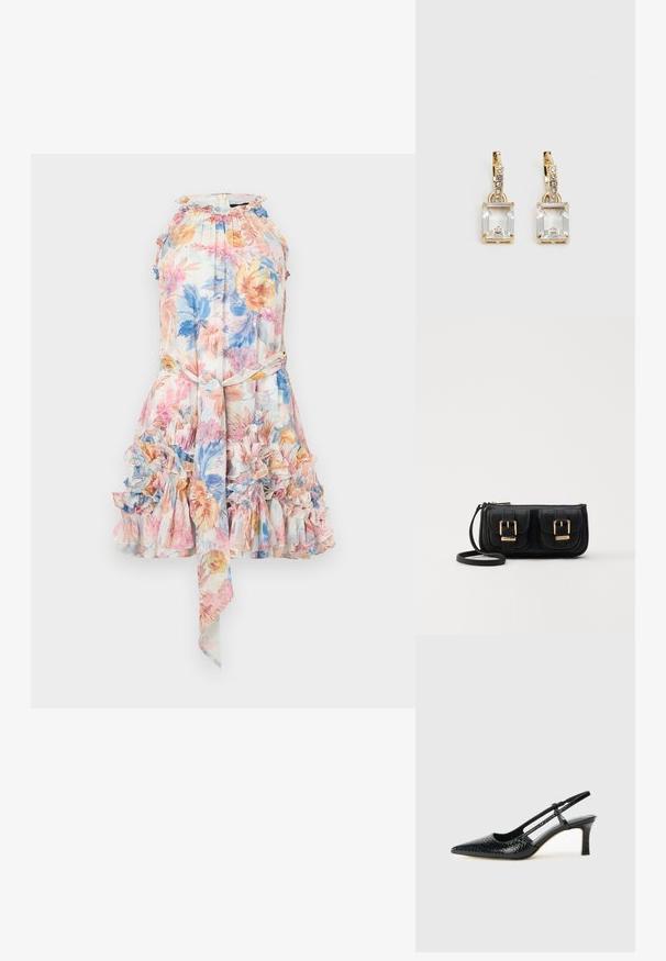Rožnata obleka iz lahkega materiala z nabranim robom, v nežnih odtenkih roza, modre in rumene barve, s halterskim ovratnikom in pasom za zavezovanje okoli pasu.; Črne lakaste slingback pete s koničastim nosom, ki imajo teksturiran vzorec kačje kože, nastavljiv trak in kratek teksturiran blok peto.; Črna usnjena torbica čez ramo z dvema sprednjima žepoma, zlatimi zaponkami, zadrgo in ozkim pasom. Tekstura površine je strukturirana, obliko pa ima kompaktno pravokotno.; Zlato obarvani uhani, ki vsebujejo pravokoten, prozoren kristal, obešen pod vrsto majhnih, okroglih prozornih dodatkov. Elegantna, moderna zasnova.