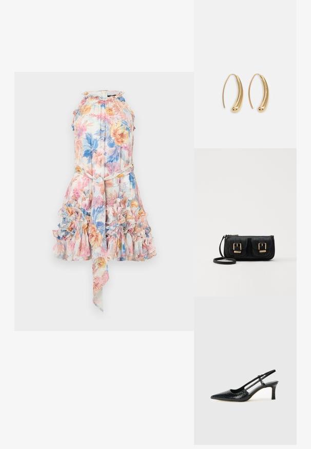 Abito floreale in tessuto leggero con orlo a volant, stampa pastello rosa, blu e gialla, scollatura a halter e cintura da annodare in vita.; Slingback con tacco in vernice nera con punta affusolata, caratterizzato da una stampa a serpente testurizzata, cinturino regolabile e un tacco corto e testurizzato.; Borsa a tracolla nera in pelle con due tasche frontali, fibbie dorate, chiusura con zip e una tracolla sottile. Superficie texturizzata e forma rettangolare compatta.; Orecchini a cerchio in metallo color oro con forma curva ed allungata. Presentano una superficie liscia e lucida e una punta arrotondata per un tocco di dettaglio in più.