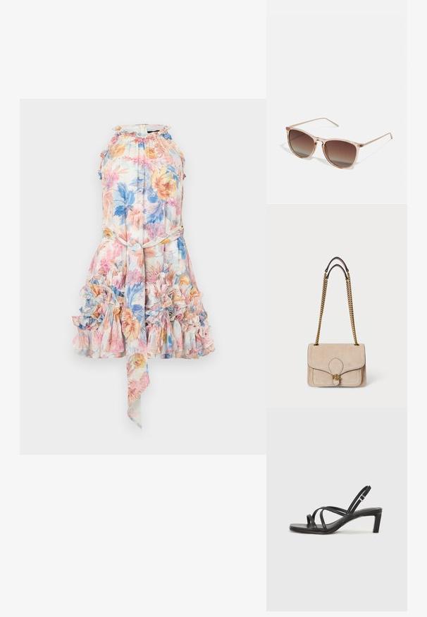 Rožnata obleka iz lahkega materiala z nabranim robom, v nežnih odtenkih roza, modre in rumene barve, s halterskim ovratnikom in pasom za zavezovanje okoli pasu.; Črne natikače s trakovi in kvadratnim prstom ter nizkim blokastim peto. Imajo več tankih trakov in nastavljiv trak okoli gležnja. Narejene so iz gladkega usnja.; Rjavi gradient sončna očala s prozornim roza okvirjem, kvadratne oblike in tankimi kovinskimi ročaji. Imajo zaobljene robove in minimalne detajle.; Bežna nubuk torba s zlatim lancem, strukturirane pravokutne forme, prošivene detalje i zlatni logotip na prednjoj strani.