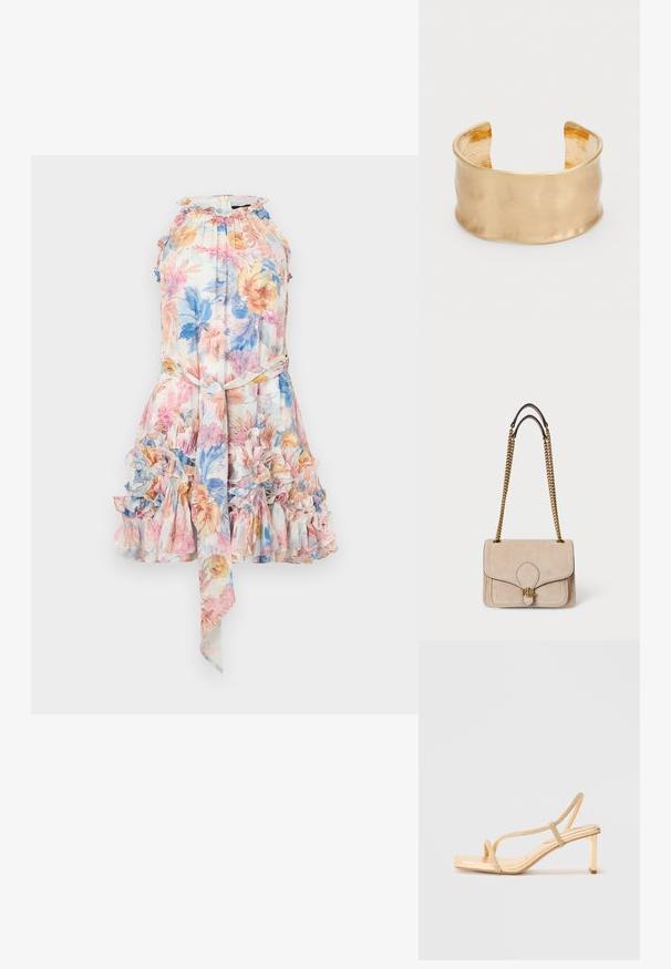Rochie florală dintr-un material ușor, cu un tiv volan, imprimeu pastel în nuanțe de roz, albastru și galben, decolteu halter și o curea cu funda în talie.; Sandale cu toc înalt, aurii, cu curele decorate, design cu vârf pătrat și un toc subțire pentru stabilitate.; Geantă din suede bej cu curele din lanț auriu, formă rectangulară bine definită, detalii cusute și un accent cu logo auriu pe față.; Brățară cuff aurie cu o suprafață netedă și ondulată, având un interior texturat și un design deschis, creând o formă organică.