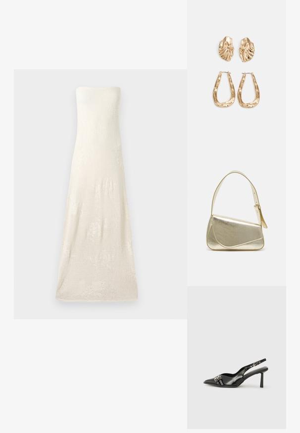 Haljina bez naramenica, do poda, od pletenine u boji slonovače, s teksturiranom tkaninom koja sadrži suptilne cvjetne uzorke. Jednostavan dizajn rubova.; Crna lakirana slingback cipela s izduženim vrhom, remenčićima oko gležnja s srebrnim kopčama i dijelovima, te vitkim potplatom.; Zlatna metalna torba s uređenim dizajnom, glatkom teksturom i podesivim remenom. Ima jedinstven trokutasti oblik i minimalističko šivanje.; Naušnice zlatne boje s teksturiranim, valovitim oblicima. Uključuju skulpturalne kopče i dizajn otvorene kružnice s kovanom završnom obradom.