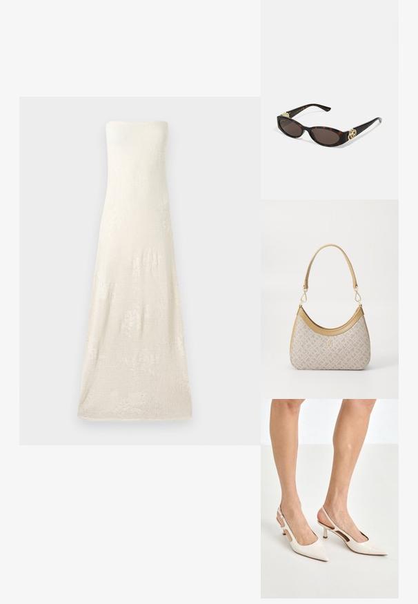 Uden stropper, gulvlængde strikkjole i off-white, med et struktureret stof og subtile blomsterkræmmønstre. Simpel kantdesign.; Beige patenterede læder slingback hæle med spids tå og 5 cm hæl, med udskårne sider og en tynd ankelrem.; Skildpaddemønster solbriller med aflange ovale linser, brun farve, guldlogo accenter på stængerne og slanke sorte arme.; Beige mønsteret taske med en buet form, læderdetaljer og et guldtonet logo på fronten. Har et kort håndtag for nem bæring.