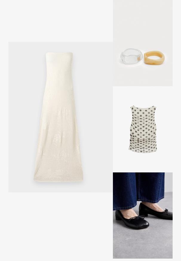 Uden stropper, gulvlængde strikkjole i off-white, med et struktureret stof og subtile blomsterkræmmønstre. Simpel kantdesign.; Tank top i creme med store grå prikker. Har en samlet tekstur i siderne, brede skulderstropper og en afrundet nederkant.; Sorte lædersko med firkantet tå og lille hæl, prydet med en dekorativ sløjfe foran. Båret med mørke denimbukser.; Klare og ravfarvede harpiksringe, én glat og gennemsigtig, den anden med en tekstureret, ravfinish. Begge har afrundede, kraftige designs.