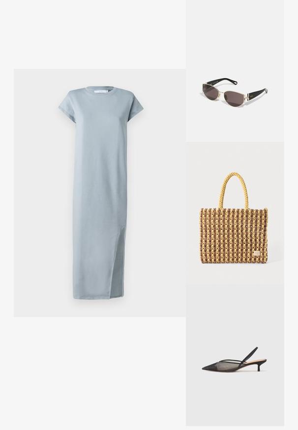Hele sinine puuvillane kleit ümmarguse kaelusega, lühikeste varrukatega ja reie kõrguse lõhiku pool. Sile tekstuur, pahkluu pikkune disain.; NEOUS IRENA - Klassikalised kontsakingad - black; Mustad ja kuldsetes prillides, kitsas ovaalne raam, tumedad läätsed ja dekoratiivsed detailid templites. Kerge ja stiilne disain.; Kootud kott pruunis ja kollases, millel on ristkülikukujuline kuju, kaks käepidet ja tekstureeritud viimistlus koos nähtava õmblusega ning brändi sildiga.