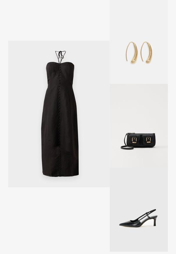 Μαύρο φόρεμα χωρίς τιράντες με εφαρμοστό κορσέ, μακριά ρέουσα φούστα και μια σειρά διακοσμητικών κουμπιών μπροστά. Υφή υφάσματος.; Μαύρη πατέντα σλινγκμπάκ γόβα με μυτερή μύτη, διαθέτει υφή από φίδι, ρυθμιζόμενο λουρί και κοντή, υφή τετράγωνη φτέρνα.; Μαύρη δερμάτινη τσάντα ώμου με δύο μπροστινές τσέπες, χρυσά κούμπωματα, κλείσιμο με φερμουάρ και λεπτό λουρί. Υφή επιφάνειας και κομψό ορθογώνιο σχήμα.; Χρυσές μεταλλικές σκουλαρίκια κρίκοι με καμπυλωτό, ελκυστικό σχήμα. Περιλαμβάνουν μια λεία, γυαλιστερή επιφάνεια και στρογγυλή άκρη για πρόσθετη λεπτομέρεια.
