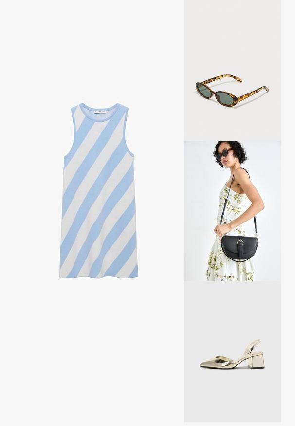 Šaty bez rukávů s modro-bílými diagonálními pruhy. Vyrobené z ribované látky, s kulatým výstřihem a volnějším střihem.; Kovové zlaté pantofle na podpatku s špičatou špičkou a masivním podpatkem. Hladký povrch, minimalisticý design a úzký pásek.; Tortoise shell sluneční brýle s oválnými obrubami, tmavě zelenými skly a štíhlými straničkami. Obsahují decentní logo na straně.; Černá kožená kabelka s křivkovým tvarem, odnímatelným popruhem a zlatými detaily. Kabelka má klopu s přezkou.